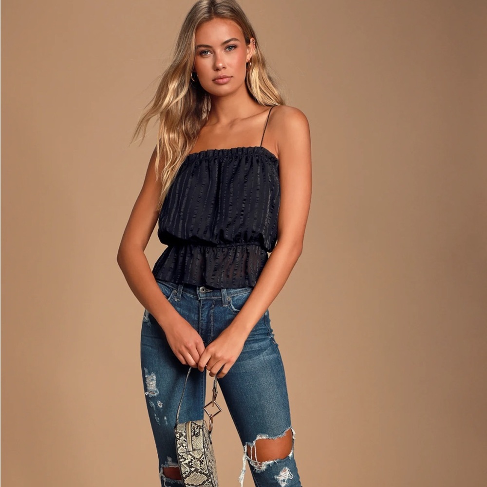 Lulus Hyde Black Stripped Ruffle Top Small
